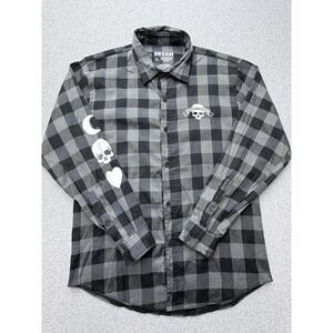 Dream Shirt Mens XL Gray Plaid Memento Mori Skull Skeleton Long Sleeve Graphic